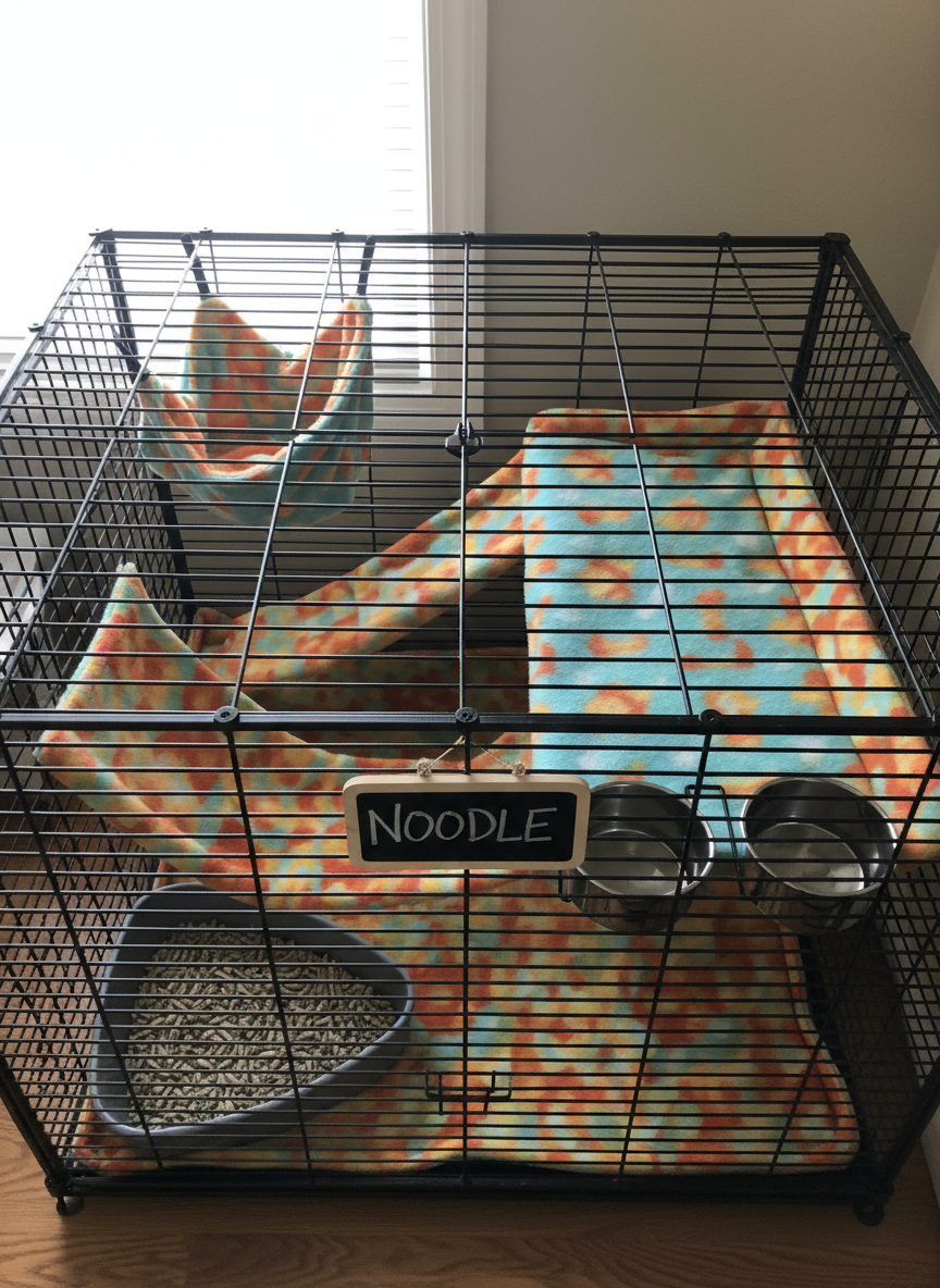 A close-up overhead view of an adoption-ready ferret habitat carefully set up in a rescue facility: a spacious, multi-level cage with soft fleece liners in cheerful turquoise and orange, a neatly hung hammock, a corner litter box filled with clean pelleted litter, and a row of polished stainless-steel bowls securely attached to the side. A small chalkboard-style nameplate reading a playful ferret name hangs on the front. Soft, overcast natural light from above and to the side creates an even, gentle illumination with minimal harsh shadows, highlighting textures of fabric, metal, and plastic. The photographic composition is clean and symmetrical, emphasizing order, safety, and thoughtful preparation. The atmosphere is reassuring, organized, and optimistic, ideal for an “Adoption Process” or “Ready for a Home” page in a playful yet professional non-profit site.