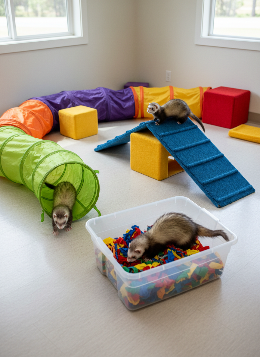 A bright, tidy ferret playroom in a rescue facility filled with colorful tunnels, ramps, and soft cubes, with three ferrets mid-play: one darting out of a lime-green tunnel, another perched atop a carpeted ramp, and a third nose-deep in a crinkly toy bin. The flooring is clean, lightly textured vinyl in a soft neutral tone, contrasting with vivid enrichment toys. Natural daylight from large side windows floods the room, creating crisp yet gentle shadows and sparkling highlights on sleek fur. Captured from a slightly elevated angle with sharp focus throughout, the image has a vibrant, playful atmosphere. The photographic realism, saturated but true-to-life colors, and dynamic composition make this ideal for a “How We Care” or “Our Enrichment Programs” page.