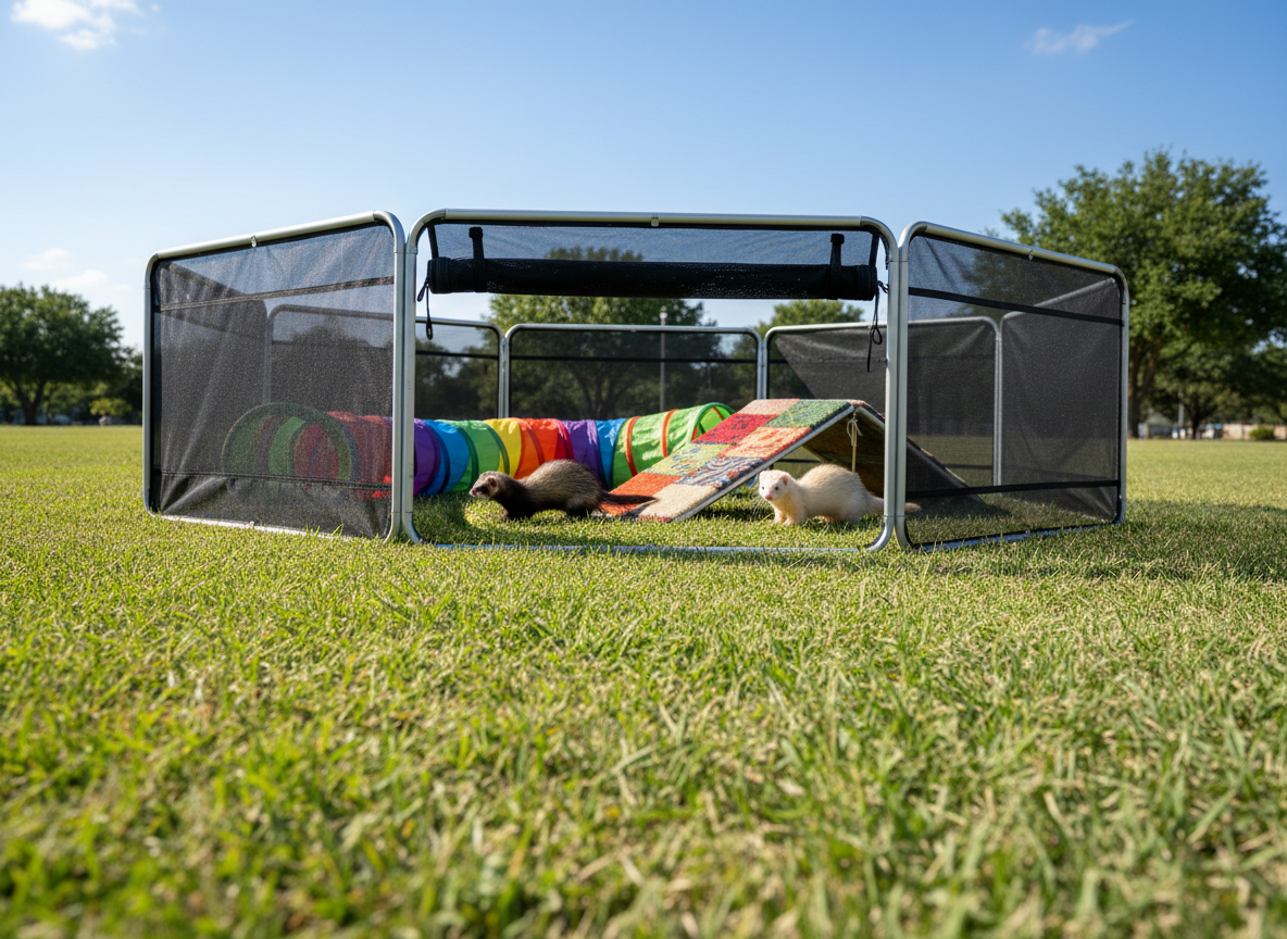 A serene outdoor exercise pen set up on a lush green lawn under a bright Texas sky, with two ferrets exploring a safe, portable enclosure made of black mesh panels and lightweight metal framing. Inside the pen, a tunnel shaped like a coiled rainbow snake and a low, carpeted ramp add pops of vivid color. The ferrets’ coats—one sable, one silver—catch the direct yet gentle afternoon sunlight, creating crisp highlights and defined, natural shadows on the grass. Captured from a low, slightly wide-angle perspective, the foreground grass blades are sharply detailed while distant trees soften into a gentle blur. The photographic image feels fresh, open, and joyful, excellent for showcasing outdoor enrichment or community rescue events with a playful non-profit tone.