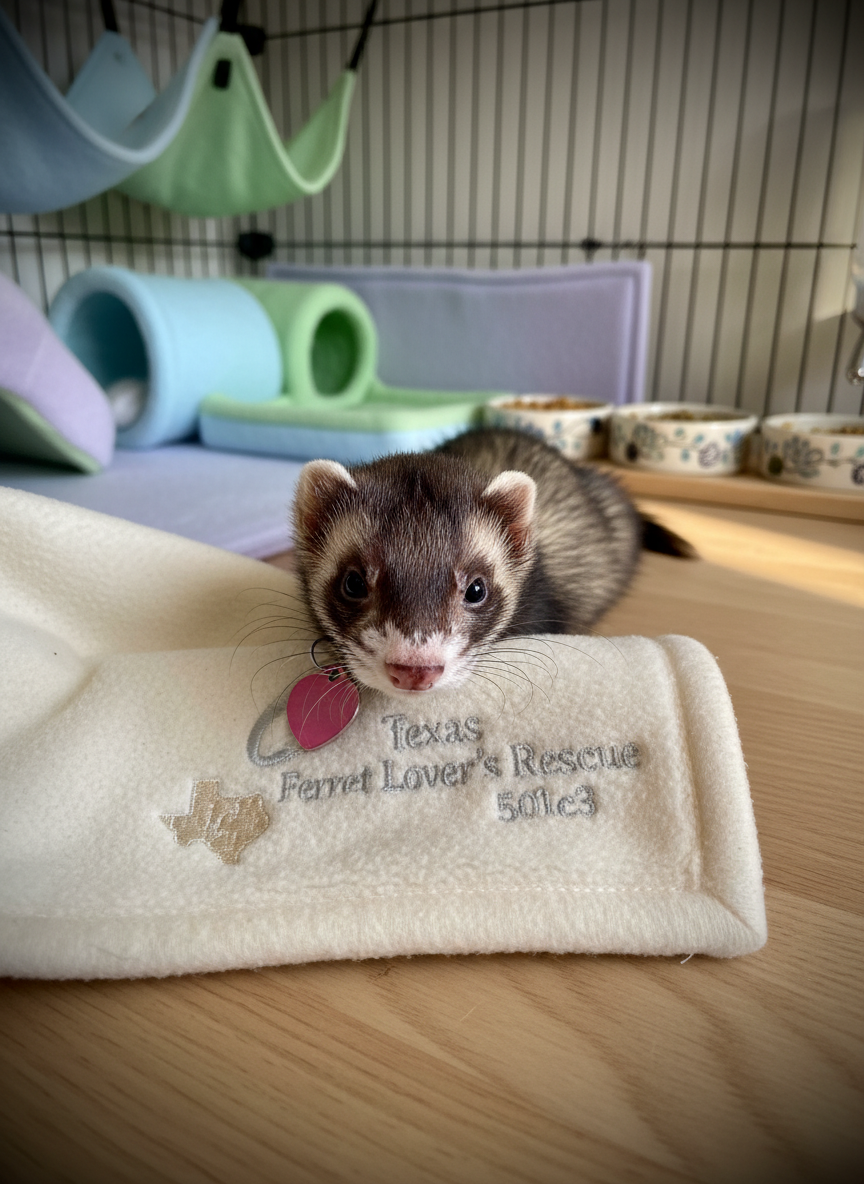 A single rescued ferret with a shiny sable coat and a pink, heart-shaped identification tag resting its head on the edge of a neatly folded rescue blanket embroidered with a subtle “Texas Ferret Lover’s Rescue 501c3” logo. The blanket sits on a smooth, light-wood surface inside a cozy enclosure decorated with soft, pastel fleece bedding and a well-organized feeding station in the softly blurred background. Late afternoon natural light streams in from the right, casting a warm golden glow across the ferret’s face and creating delicate catchlights in its eyes. Shot in tight, horizontal photographic framing with a gentle vignette, the composition emphasizes comfort, care, and trust. The overall mood is calm, tender, and reassuring, perfectly suited for an “About Our Mission” section.