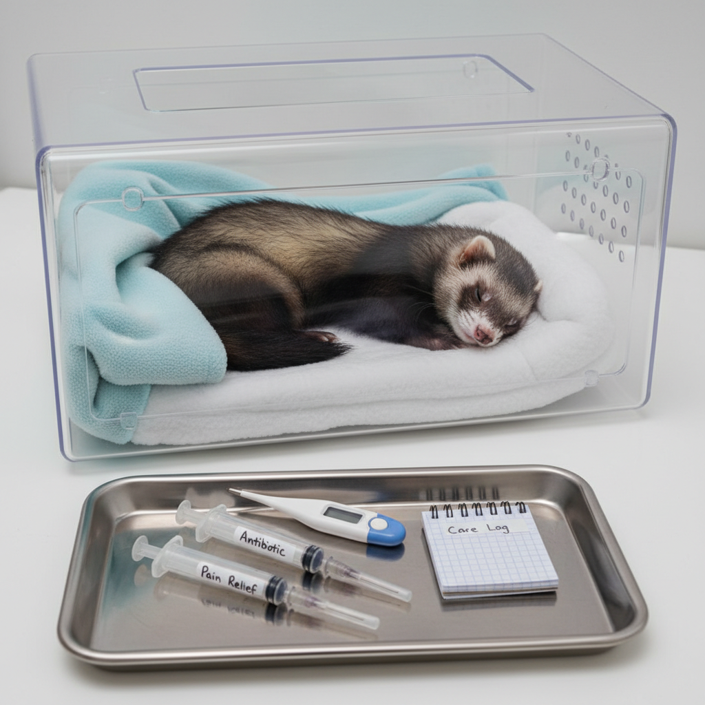 A tranquil recovery enclosure inside a ferret rescue, showing a single ferret resting comfortably on a thick, cloud-white fleece pad inside a clear, ventilated medical crate. A soft pastel-blue blanket is folded at one end, and two small labeled medication syringes rest neatly on a stainless-steel tray just outside the crate, along with a digital thermometer and a tiny notebook labeled “Care Log.” Cool, diffused clinical lighting from overhead and a side lamp creates even illumination with subtle reflections on the crate’s smooth surfaces. Photographed at a gentle side angle, the composition focuses on the ferret’s relaxed posture while including enough contextual detail to convey attentive medical care. The mood is calm, compassionate, and professional, presented in a clean, photographic realism style ideal for explaining medical rehabilitation or special-needs rescue work.